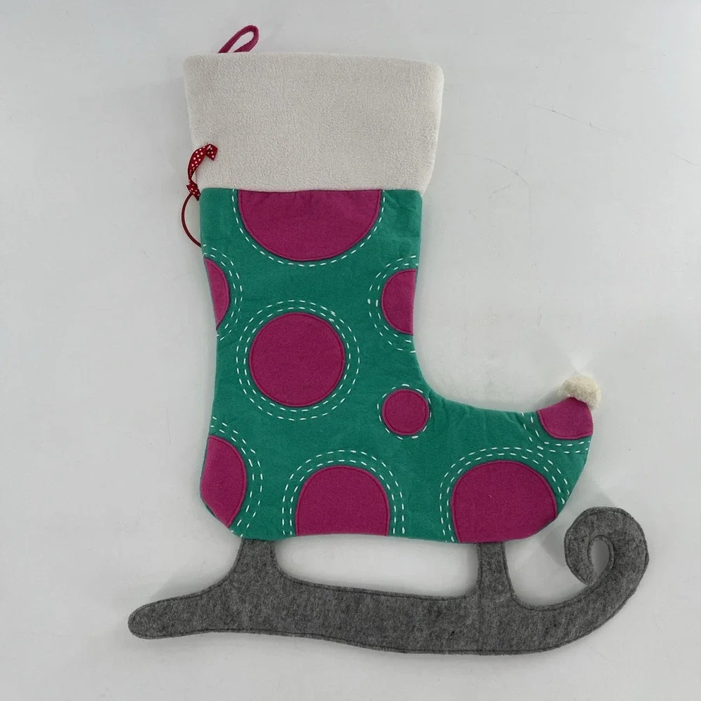 Rare Pottery Barn Felt Christmas Stocking Figural Elf Ice Skate Polka Dot, 23